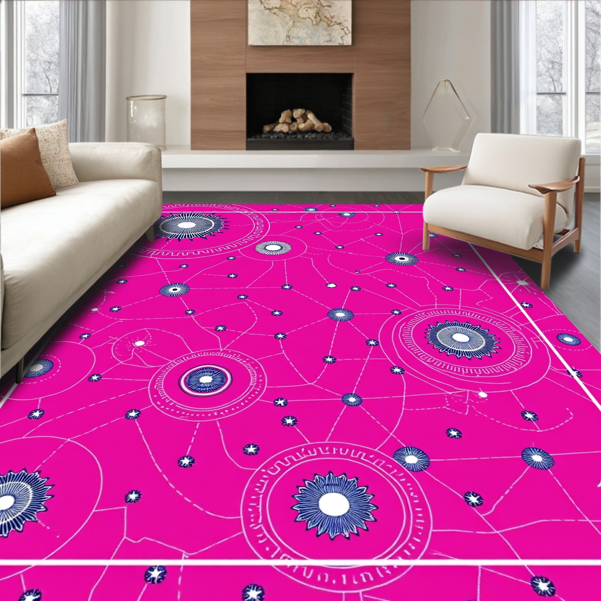 Bright Pink Starburst Geometric Connections Rug