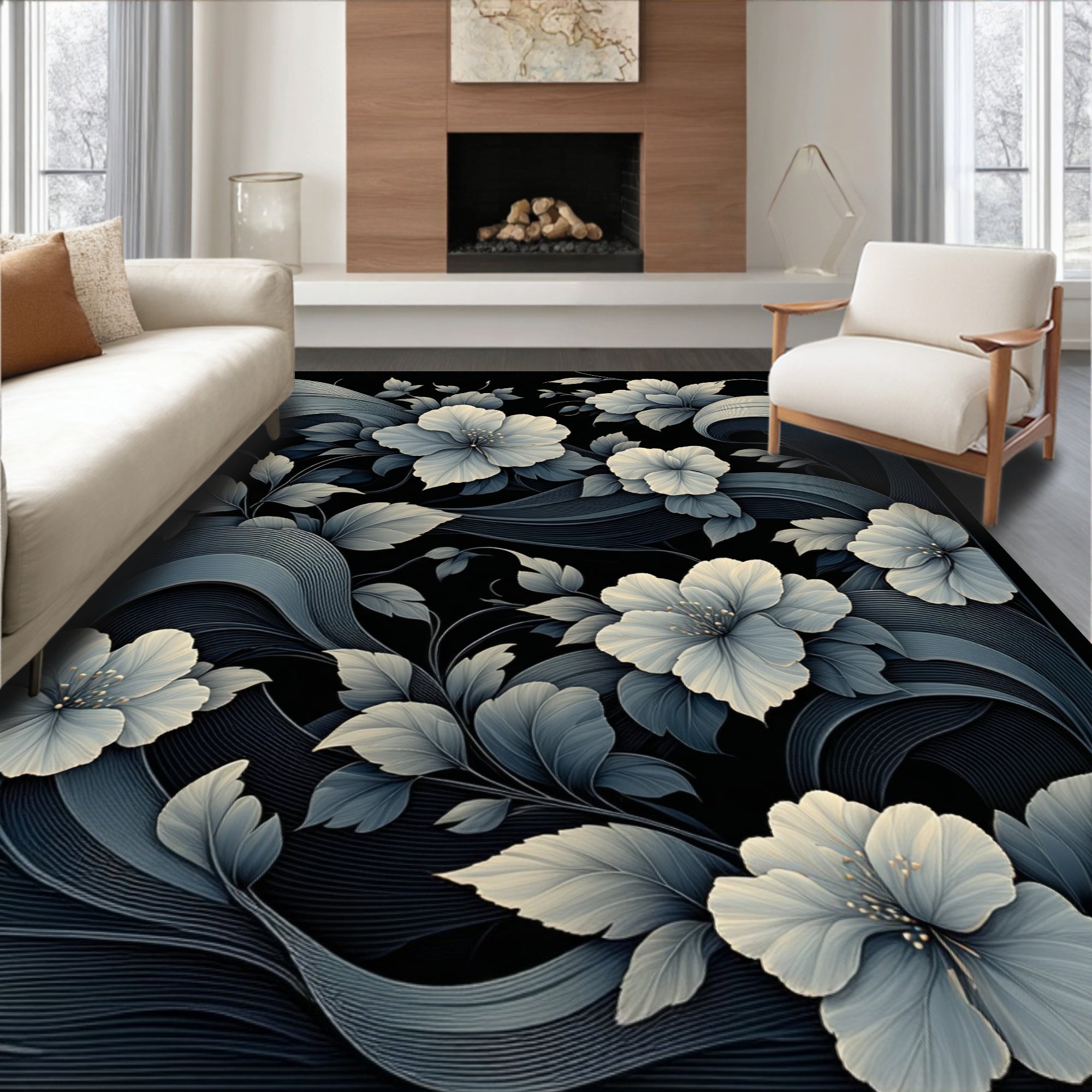 Monochromatic Floral Stylized Pattern Rug