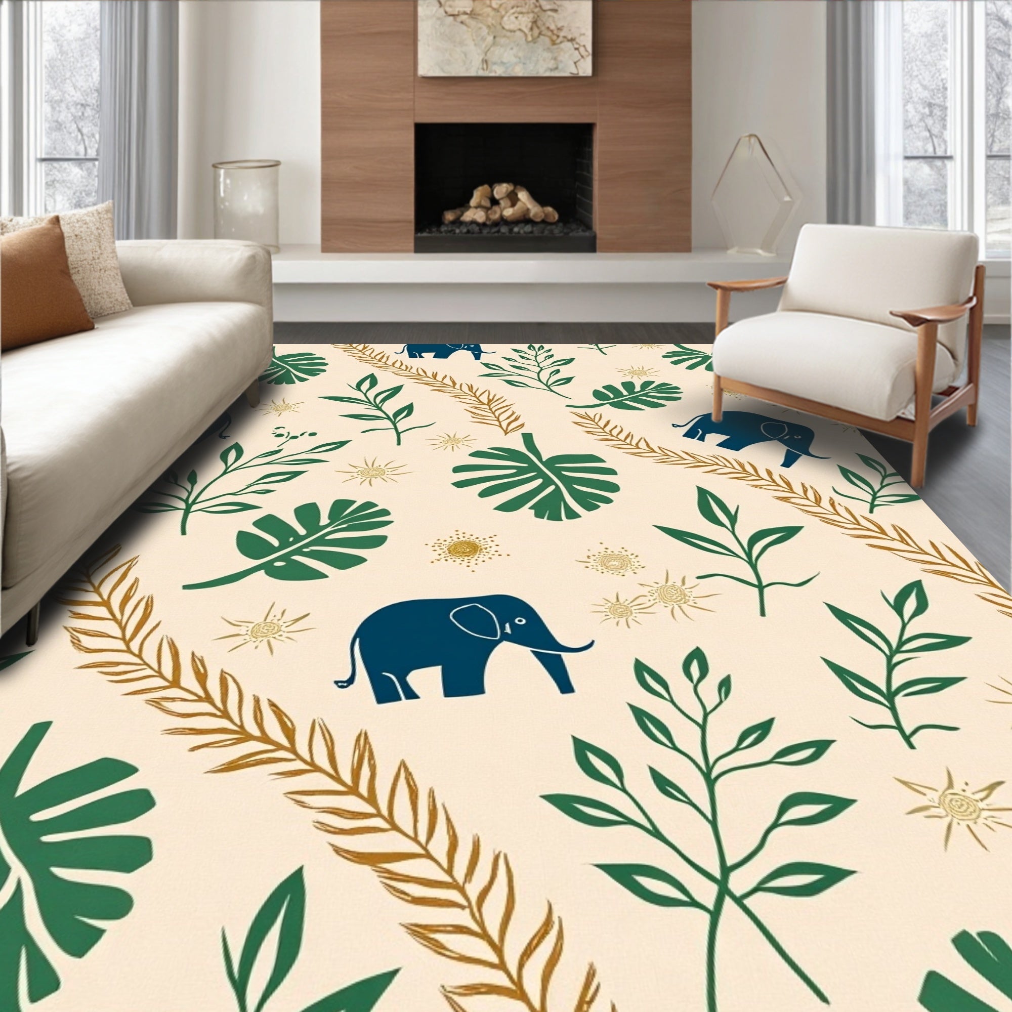 Deep Blue Elephant Nature Leaf Pattern Rug
