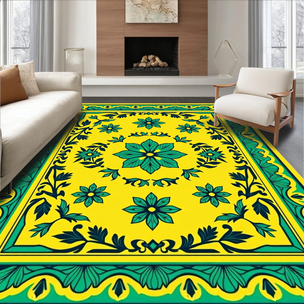 Vibrant Yellow Floral Border Pattern Rug