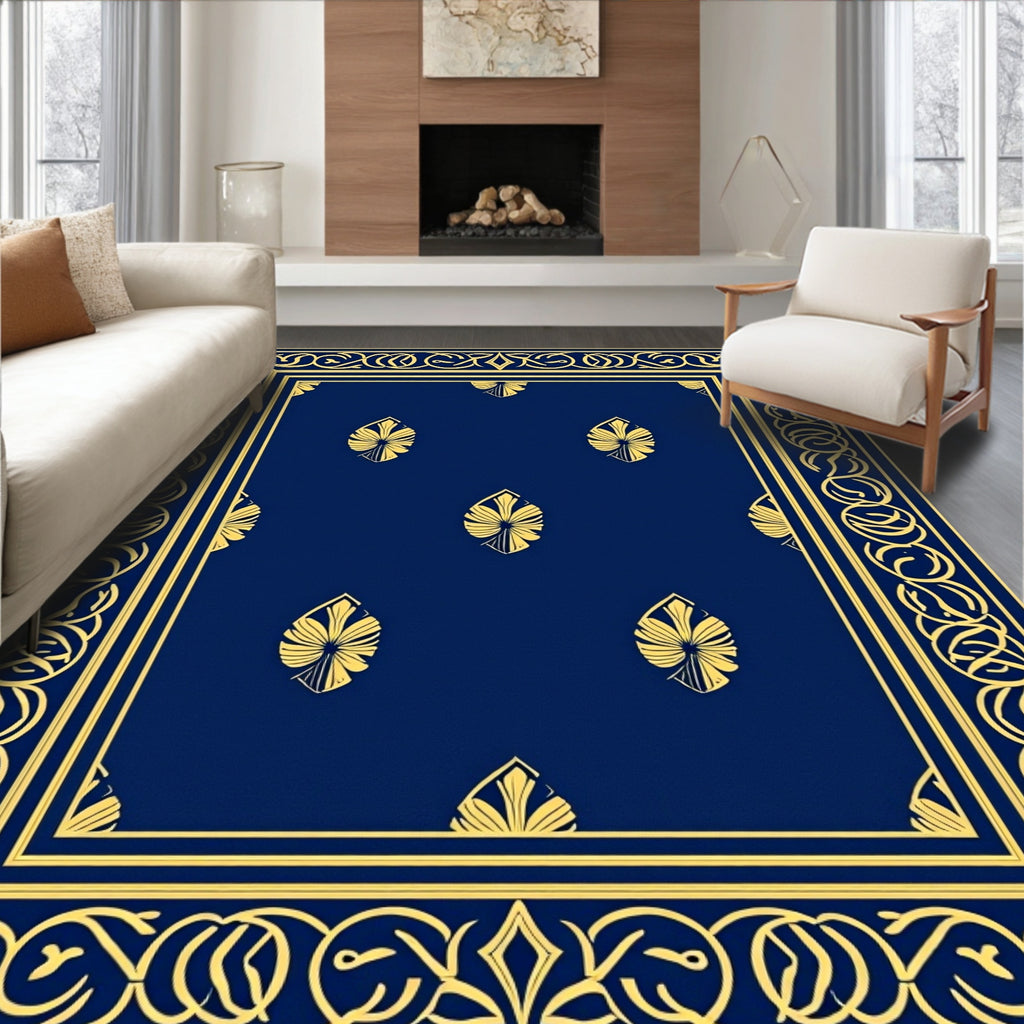Navy Blue Gold Leaf Borderrug Rug