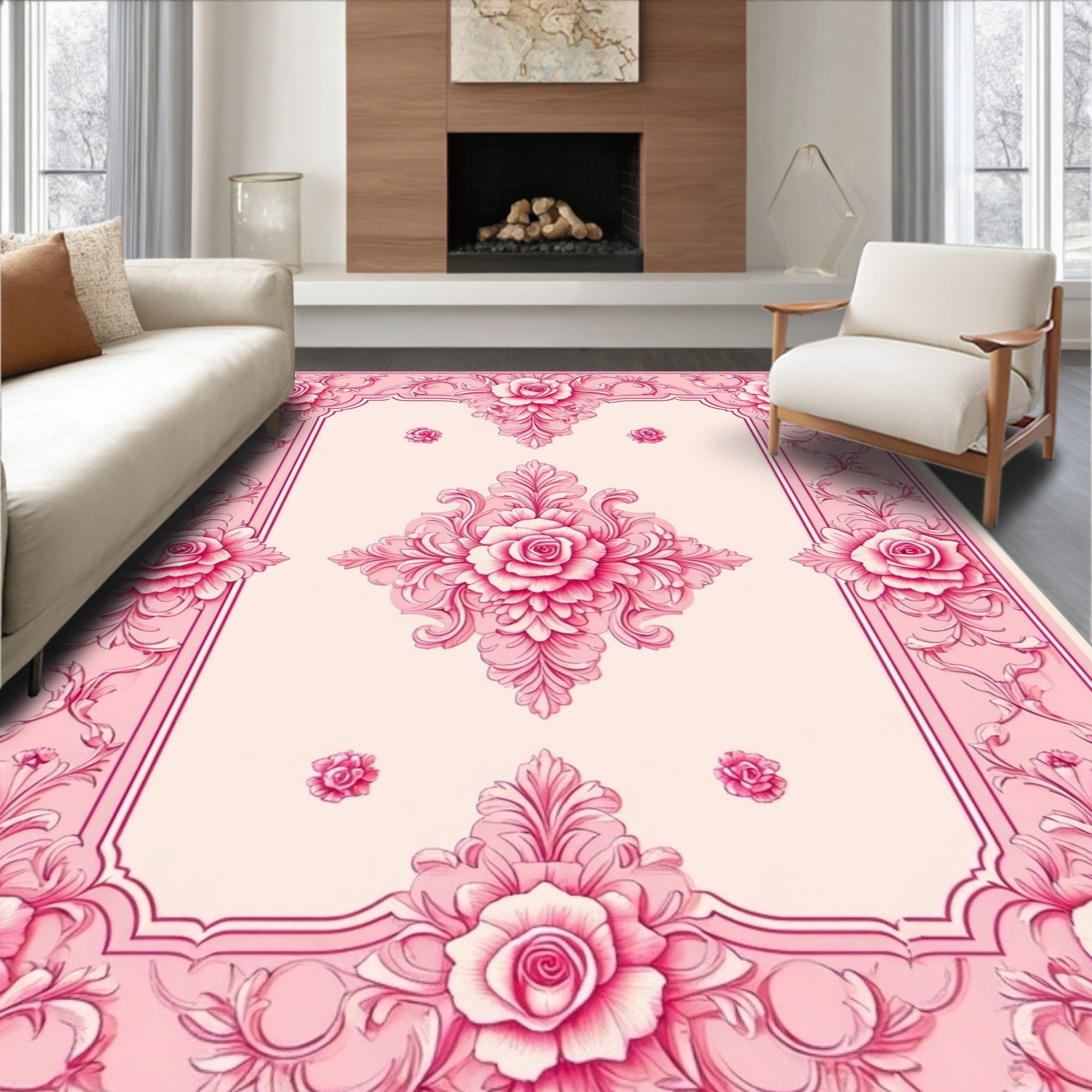 Ornate Pink Rose Floral Filigree Design Rug