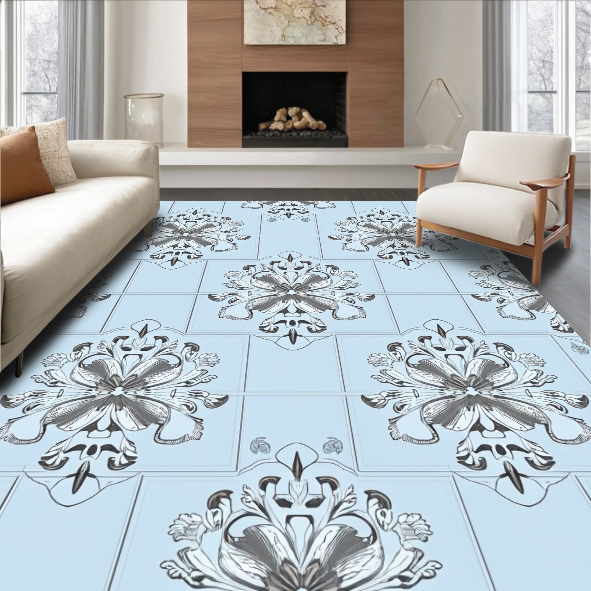Light Blue Intricate Floral Tile Design Rug