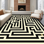 Abstract Black Cream Maze Pattern Rug