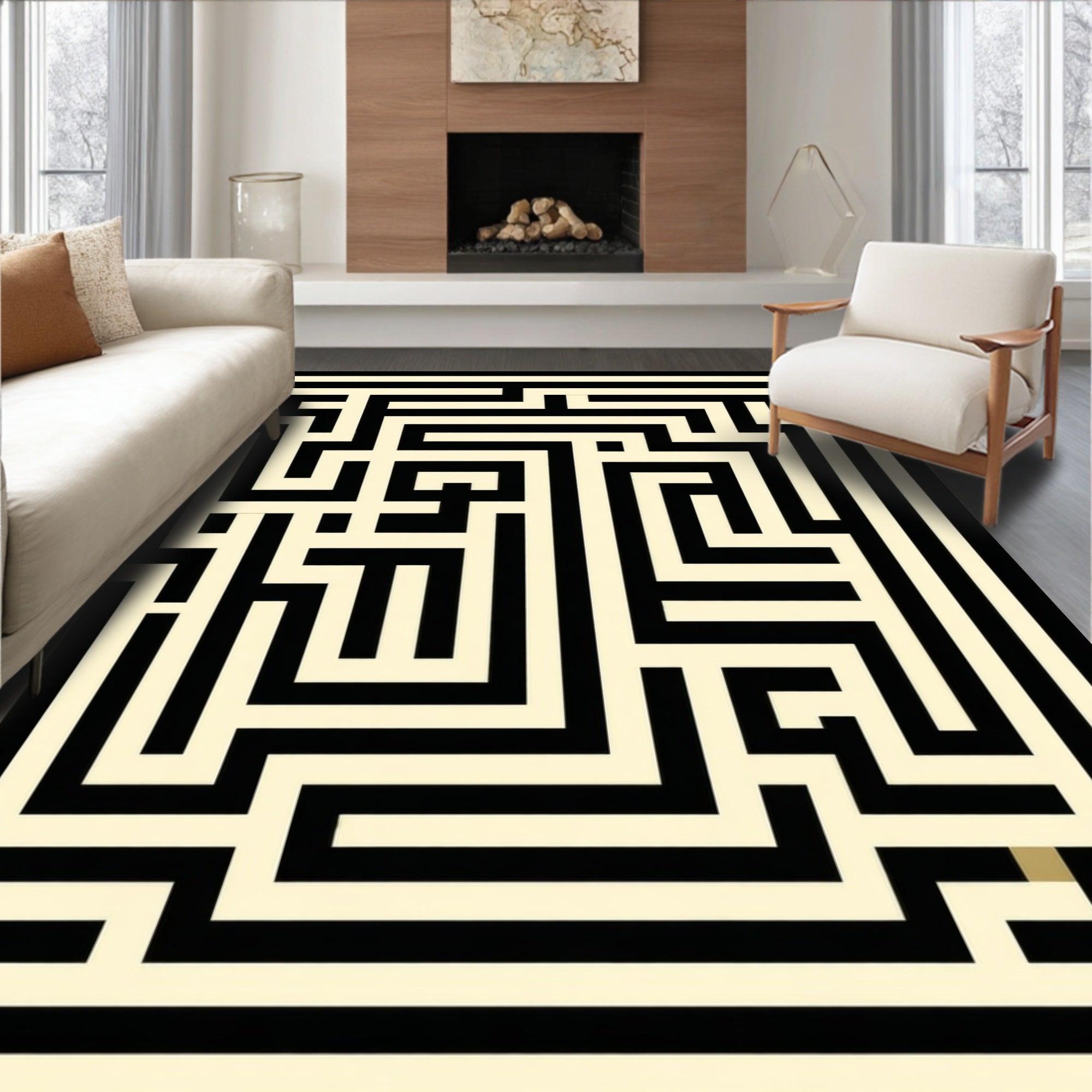 Abstract Black Cream Maze Pattern Rug