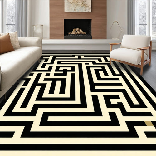 Abstract Black Cream Maze Pattern Rug