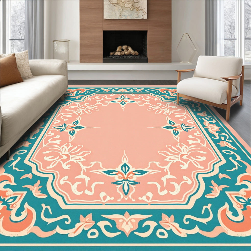 Coral Teal Floral Swirls Medallion Rug