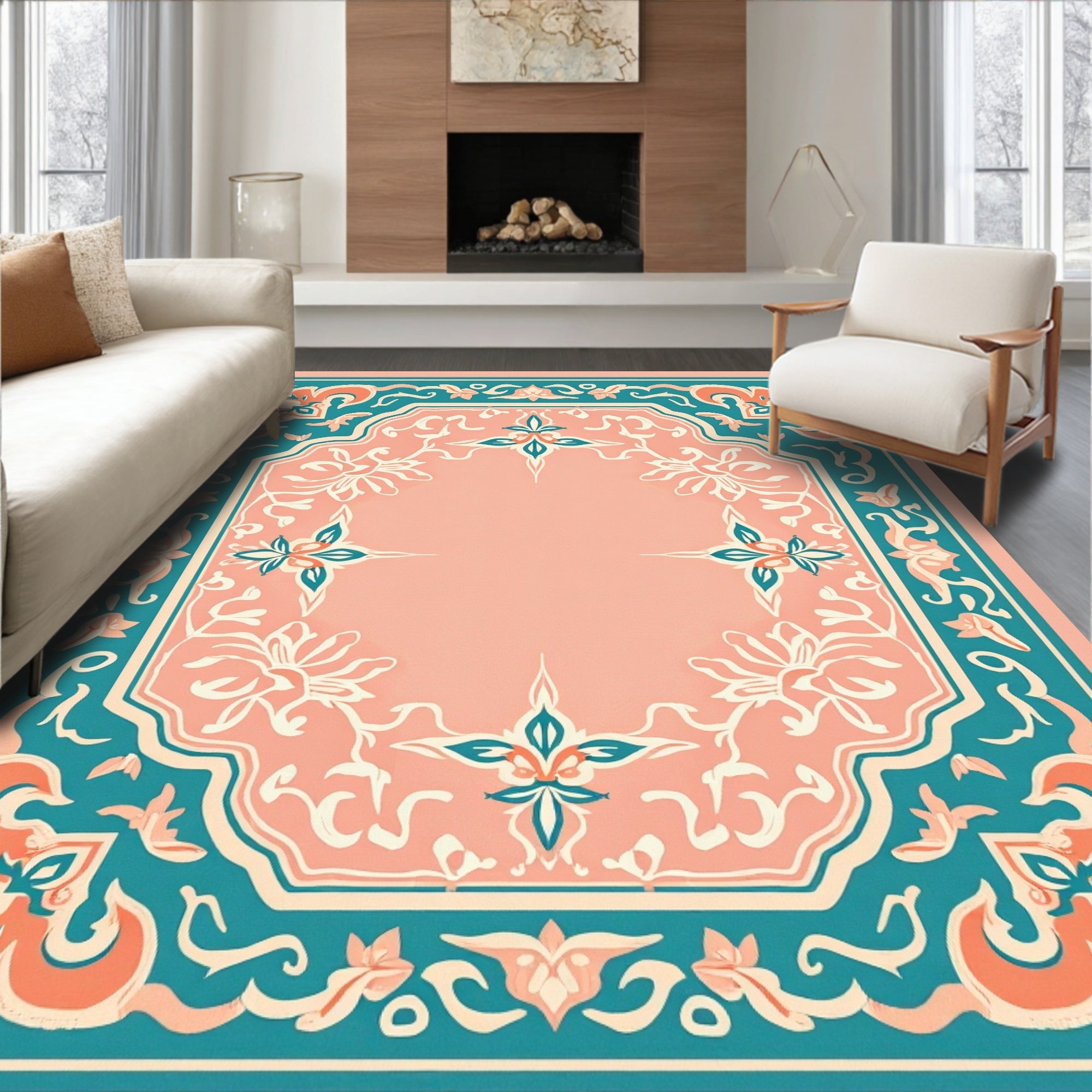 Coral Teal Floral Swirls Medallion Rug