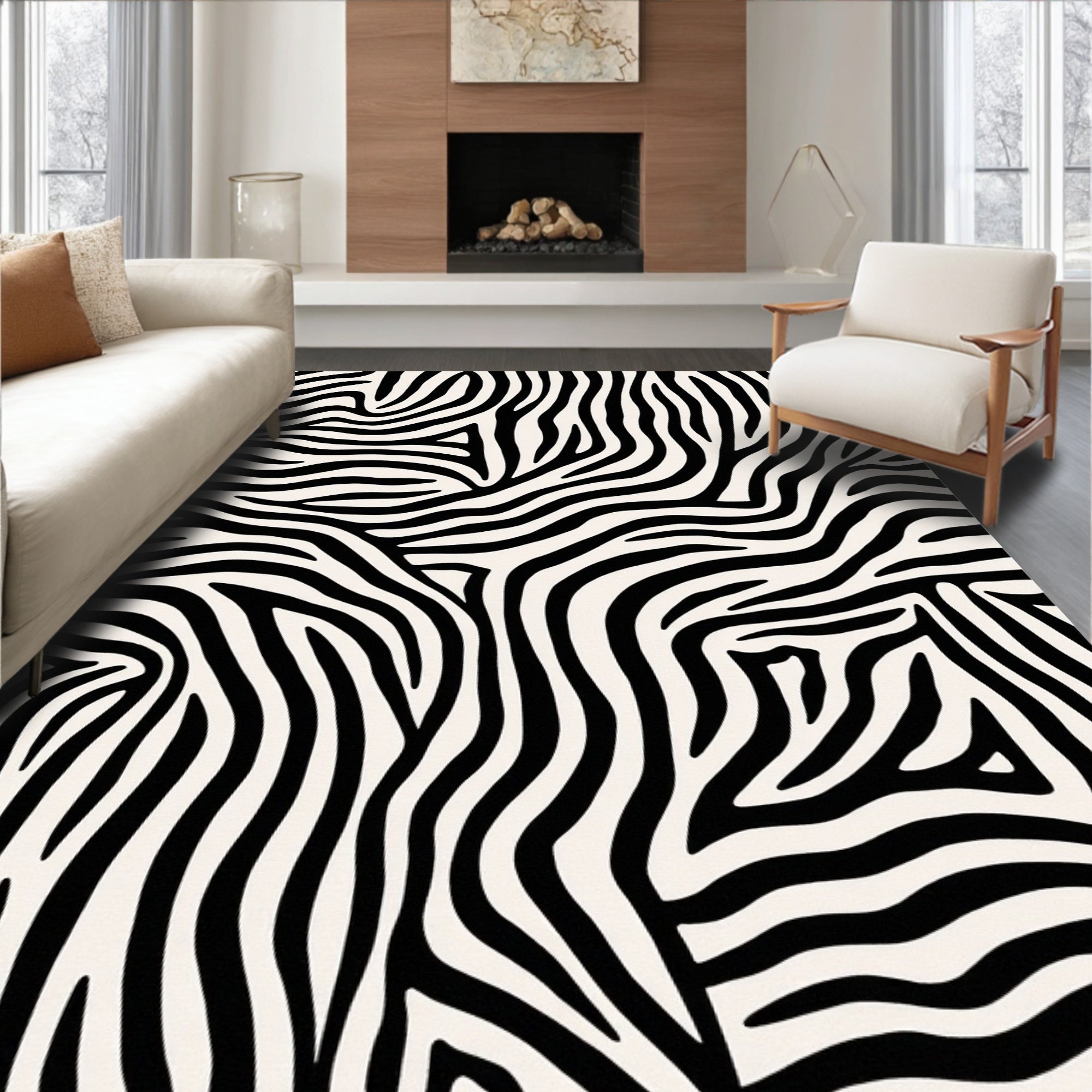 Bold Black White Zebra Stripe Design Rug
