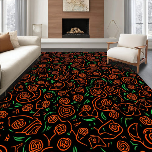 Abstract Orange Swirls Roses Design Rug