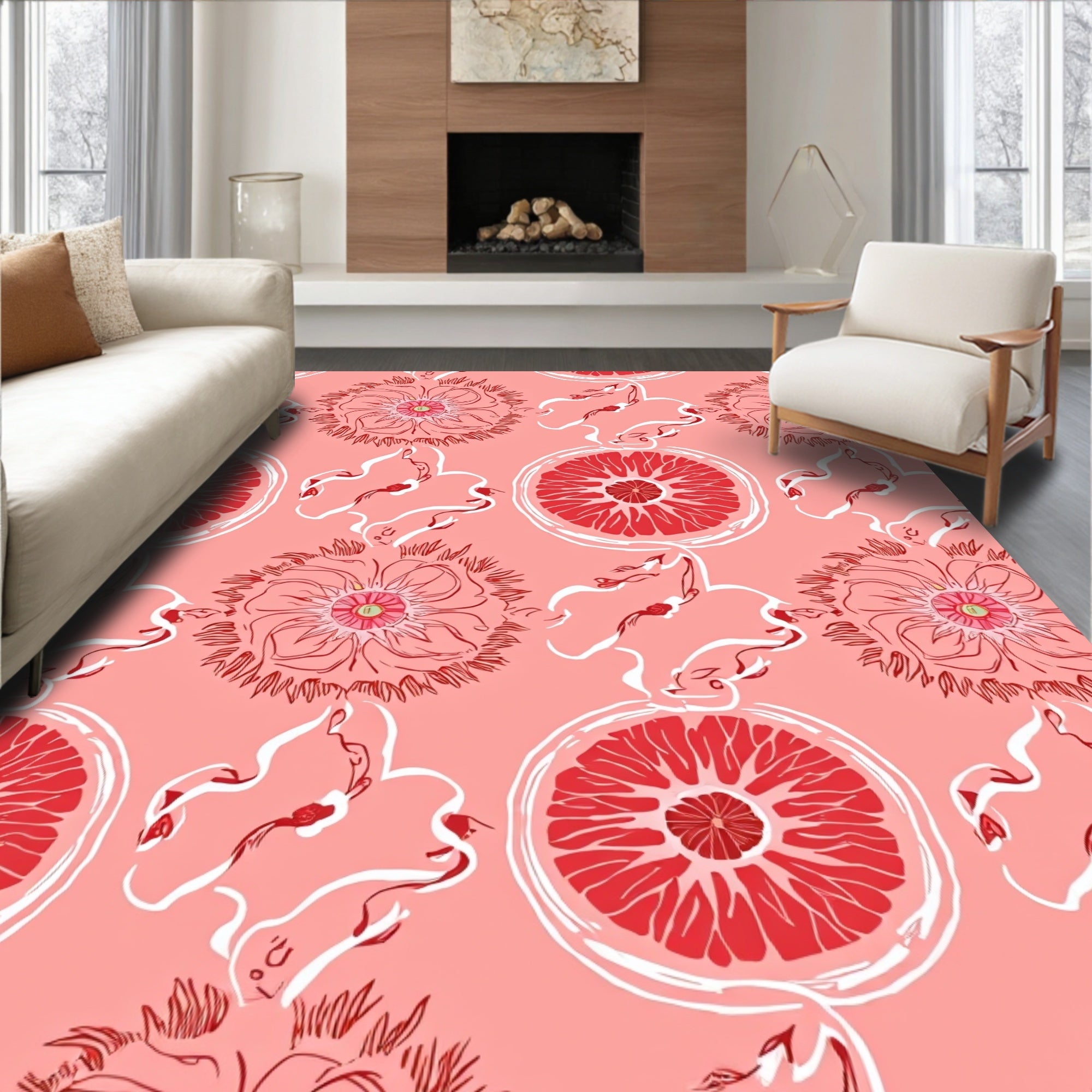 Red Pink Floral Citrus Pattern Rug
