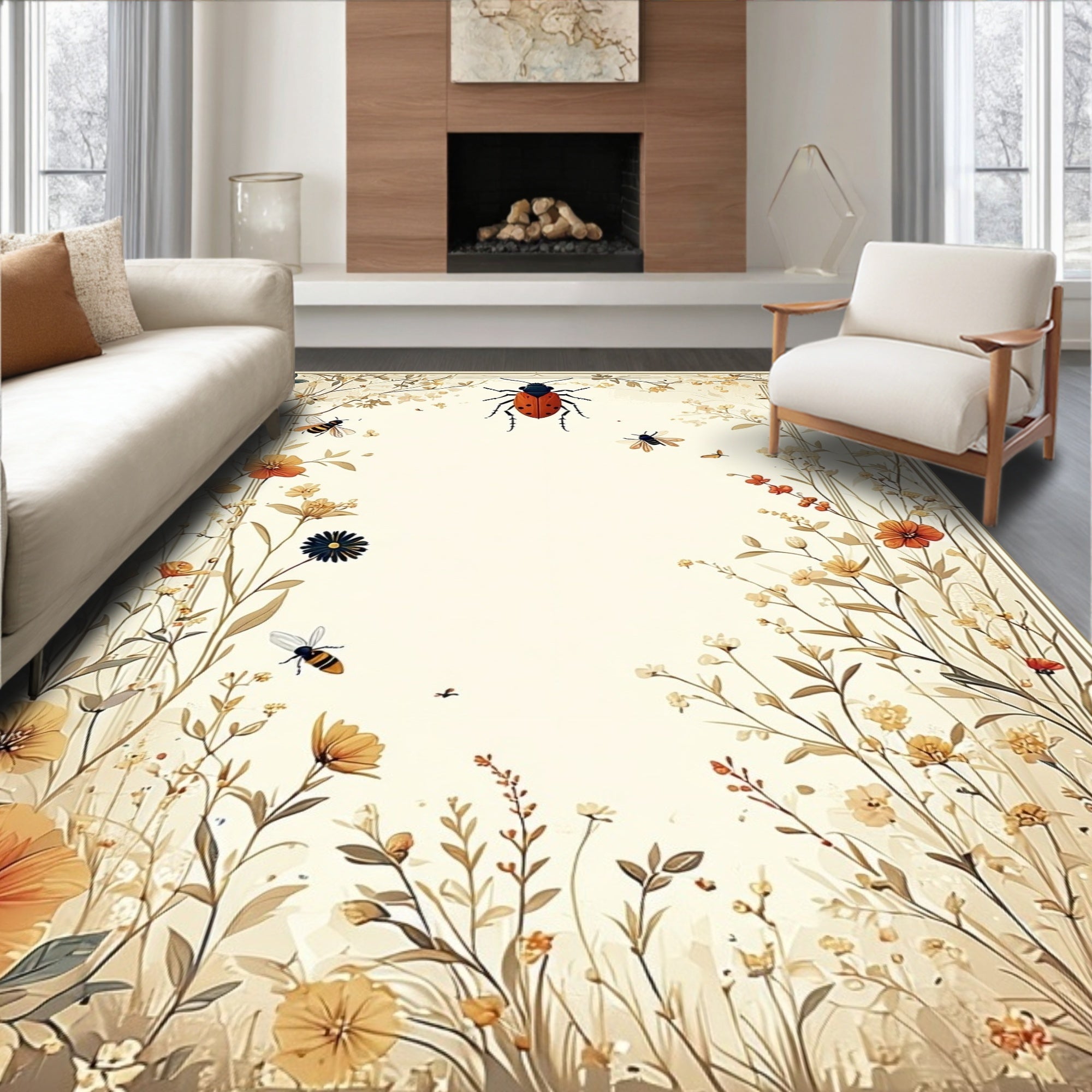 Enchanting Insect Floral Whimsical Design Rug