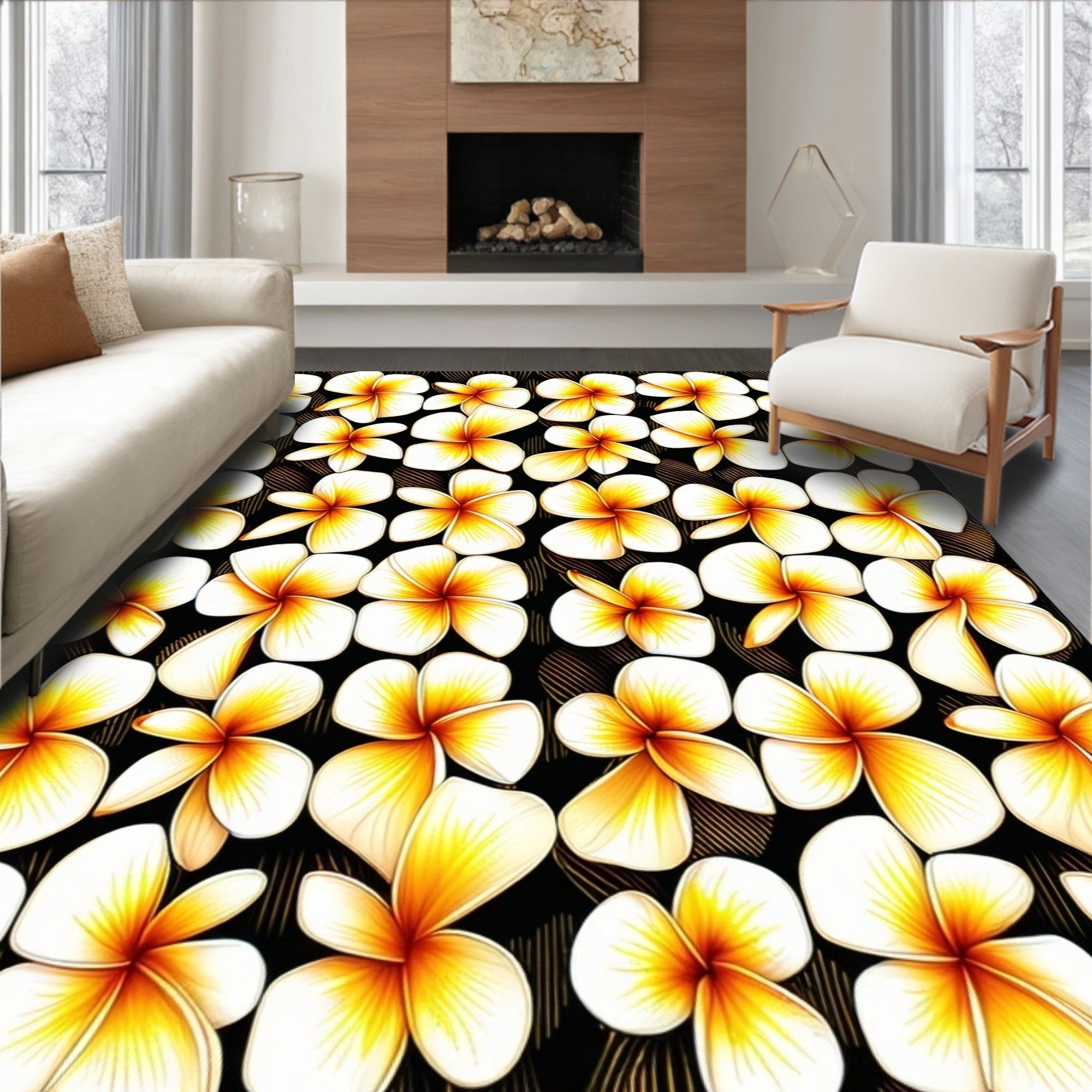 Golden Flower Pattern Tropical Chic Design Rug