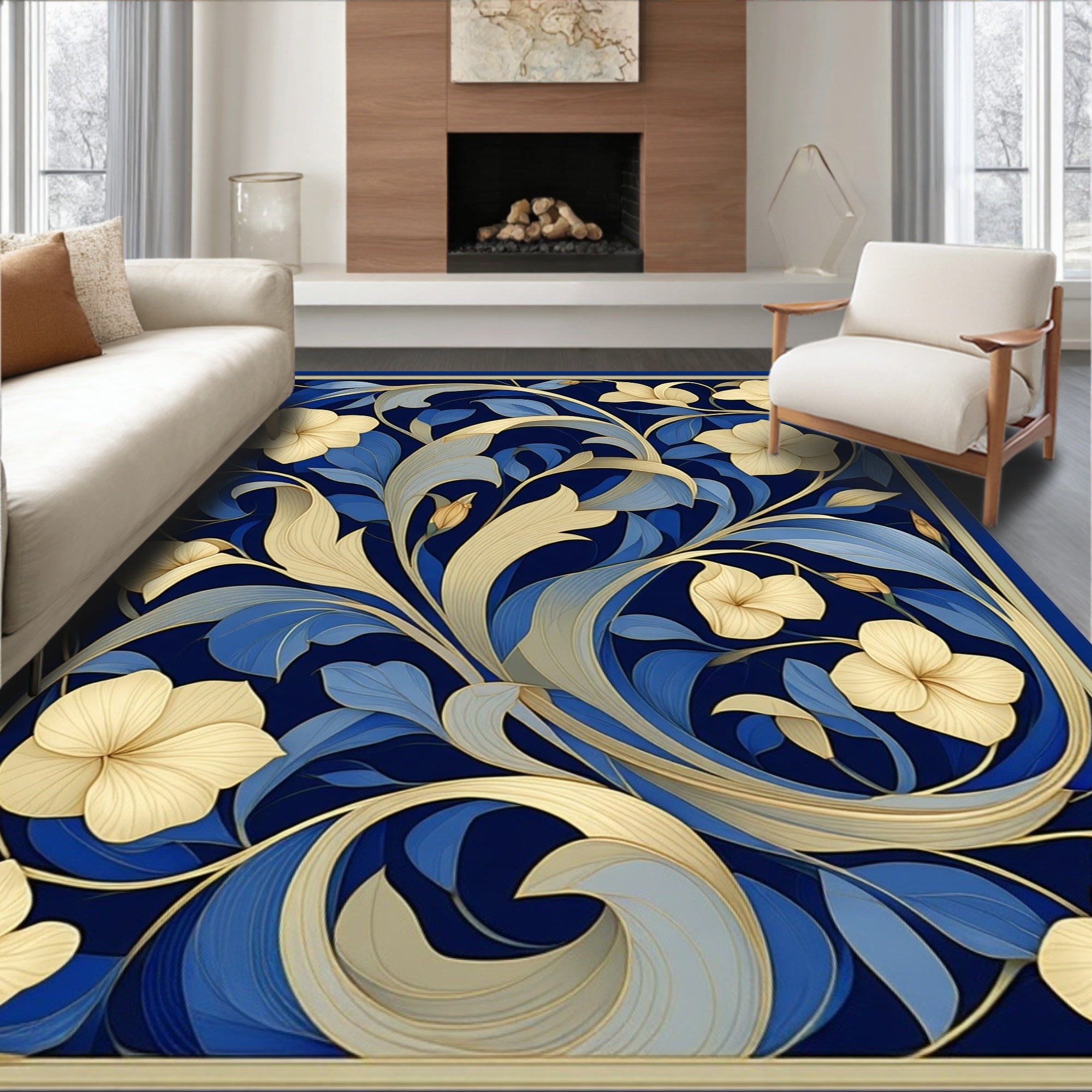 Royal Blue Floral Swirl Decorative Rug