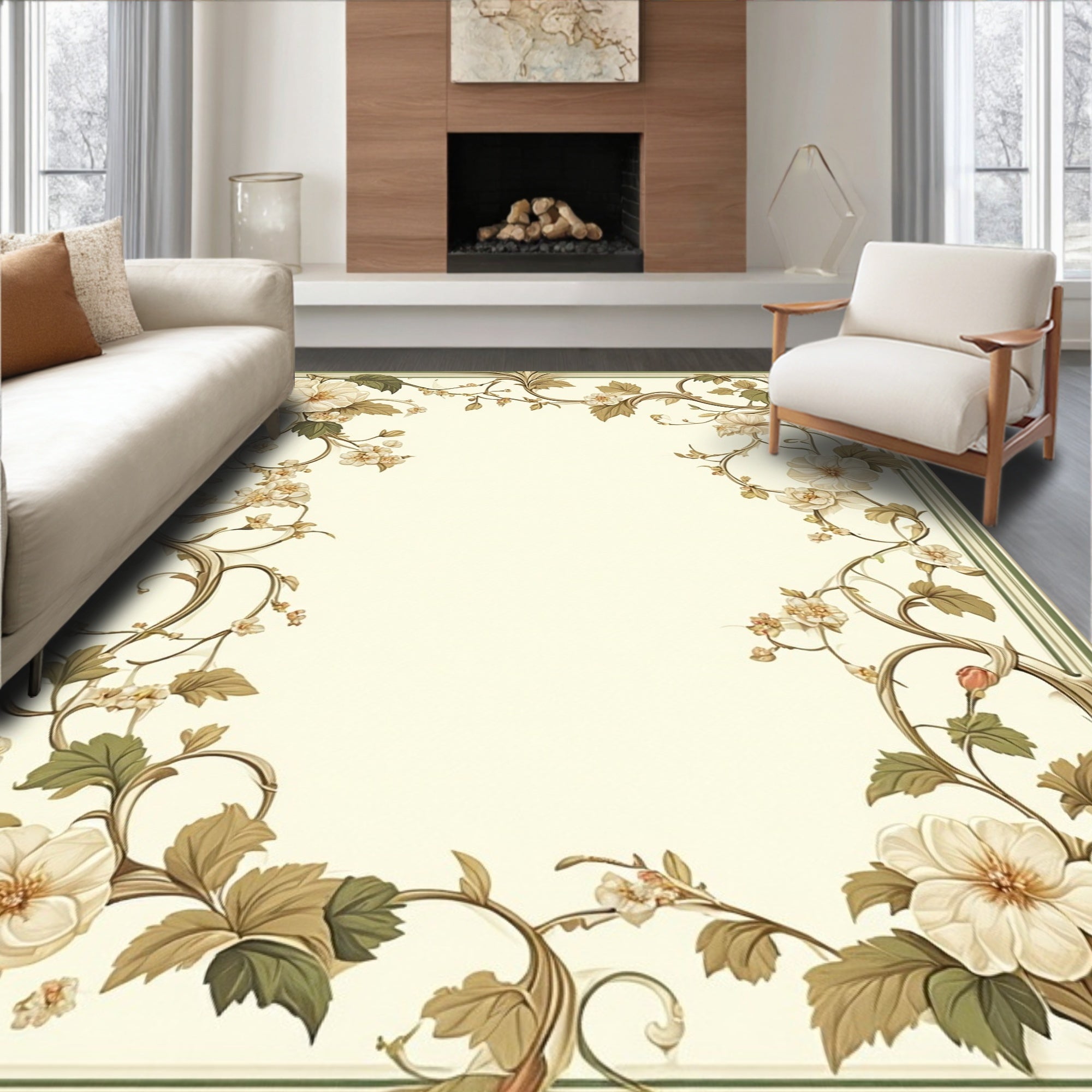 Delicate Floral Vine Frame Rug