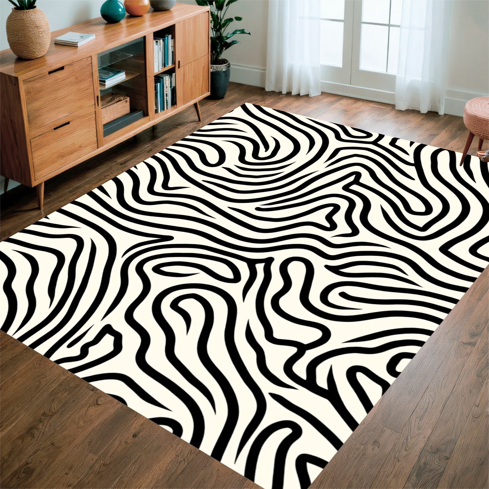 Bold Black White Abstract Lines Rug