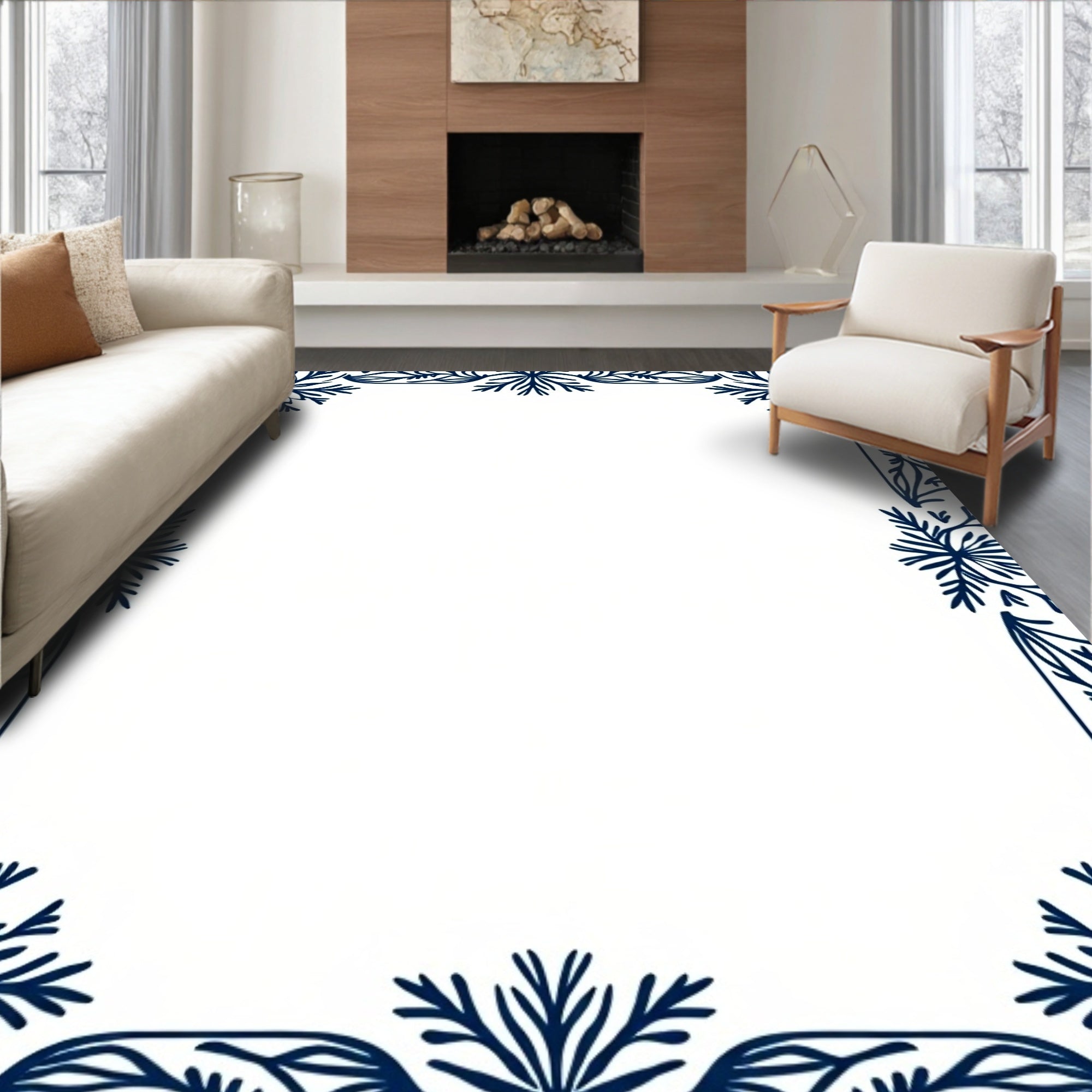 Navy Blue Floral Corner Frame Rug