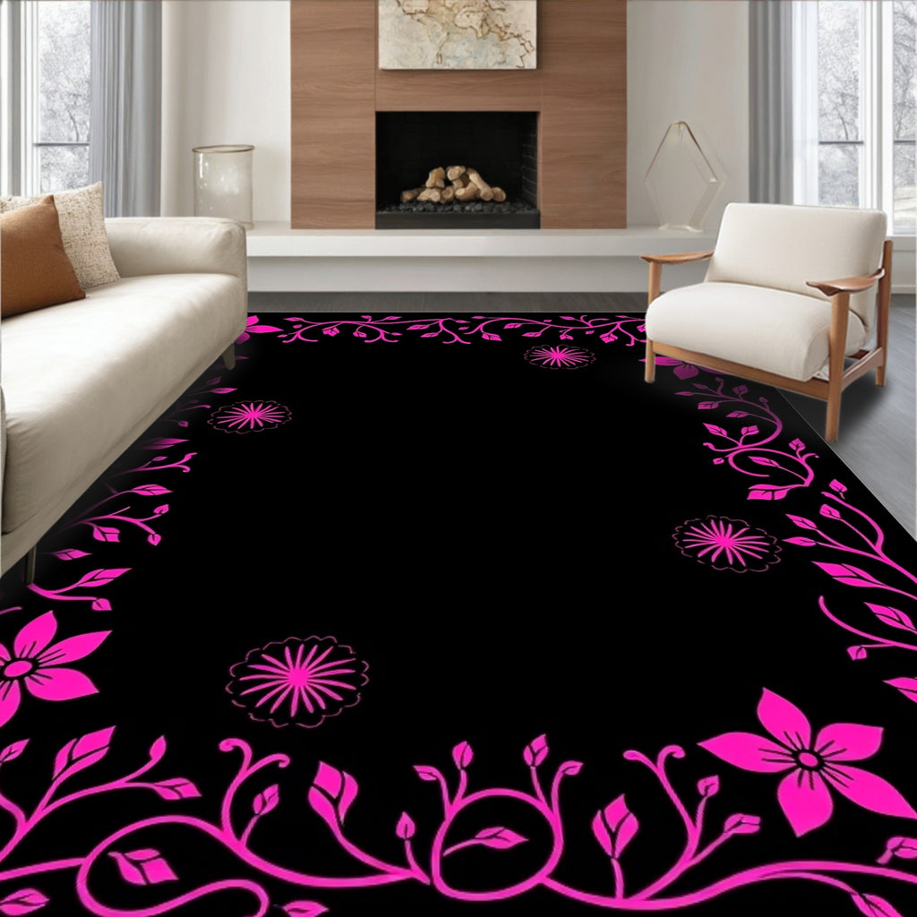 Vibrant Pink Floral Border Vines Rug