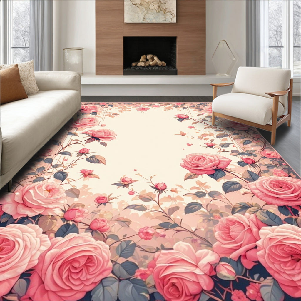 Pink Roses Garden Floral Design Rug
