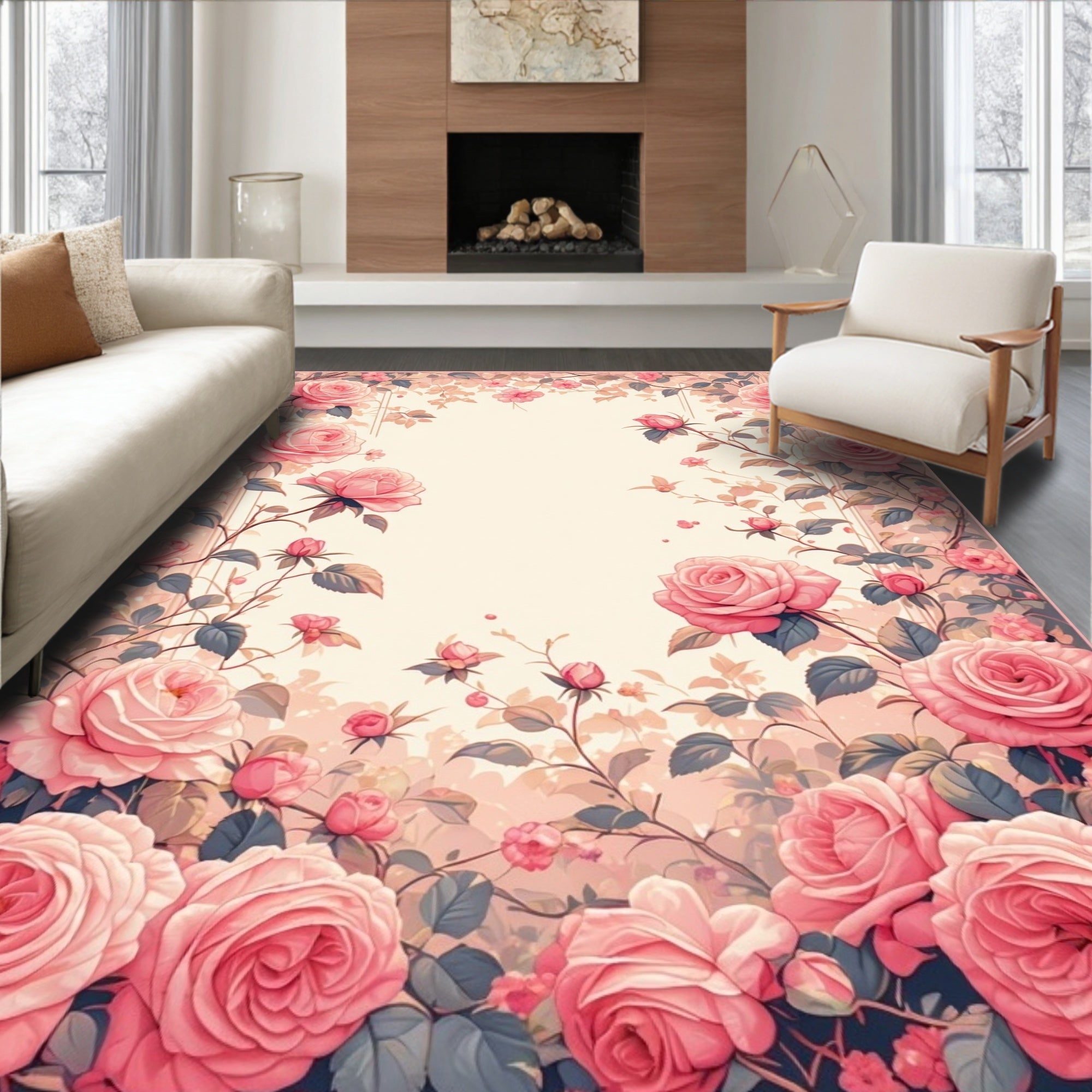 Pink Roses Garden Floral Design Rug