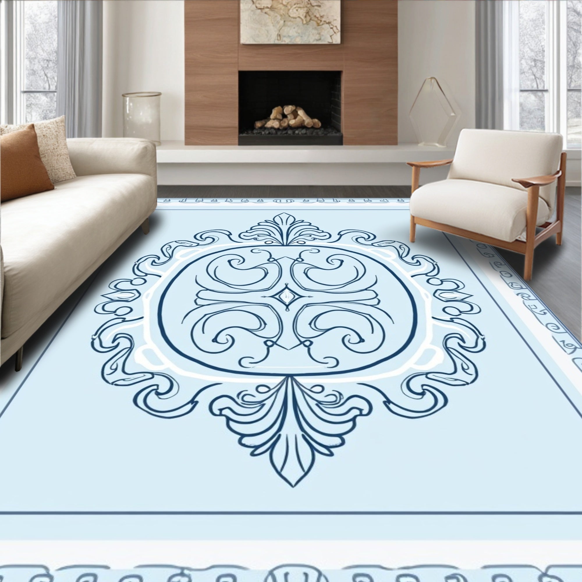 Elegant Blue Laurel Medallion Pattern Rug