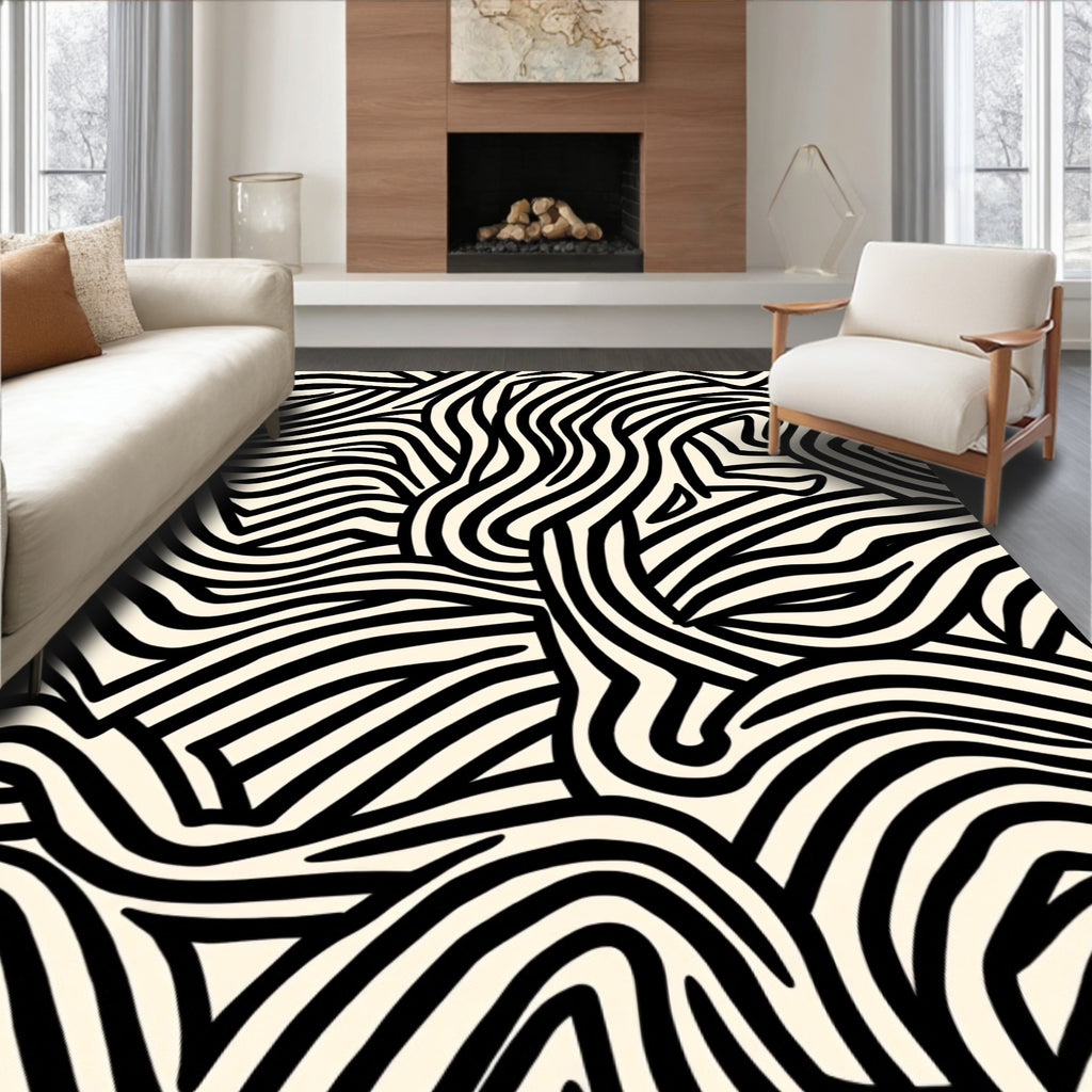 Bold Black White Striped Abstract Rug