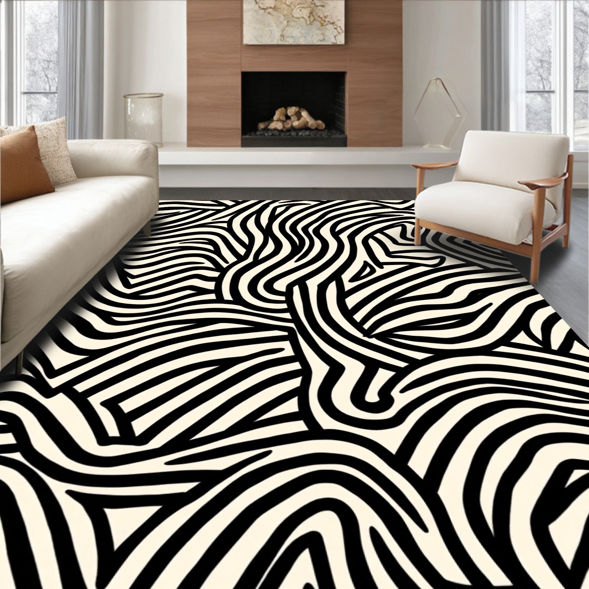 Bold Black White Striped Abstract Rug