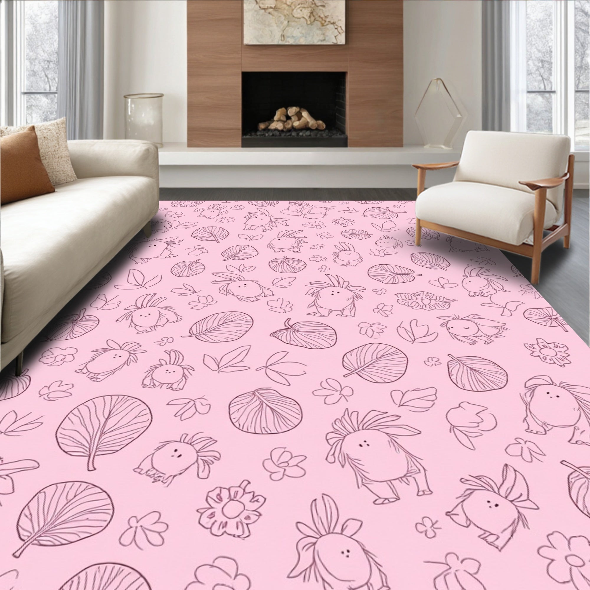 Playful Creature And Floral Pattern Rug