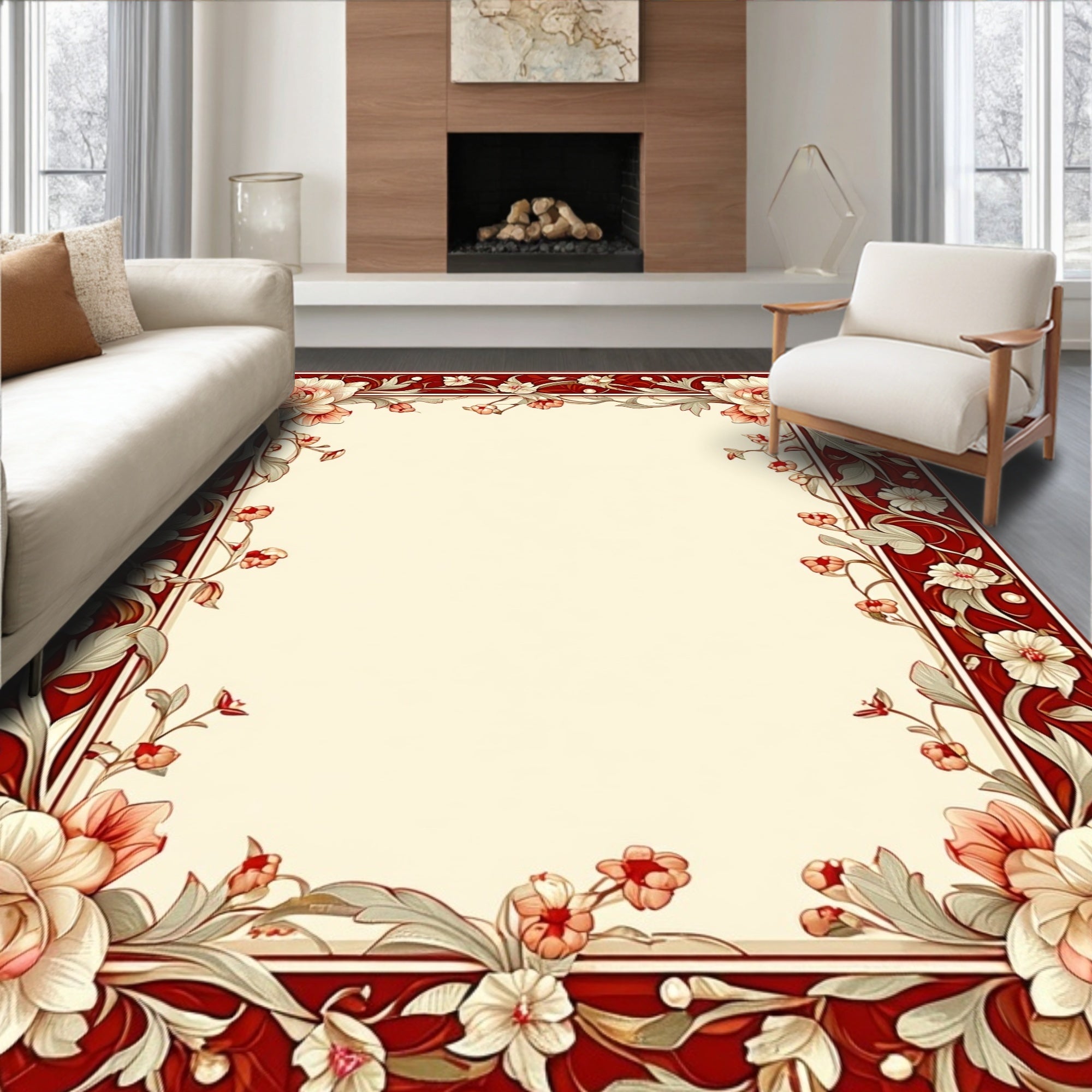 Rich Red Floral Scroll Pattern Rug