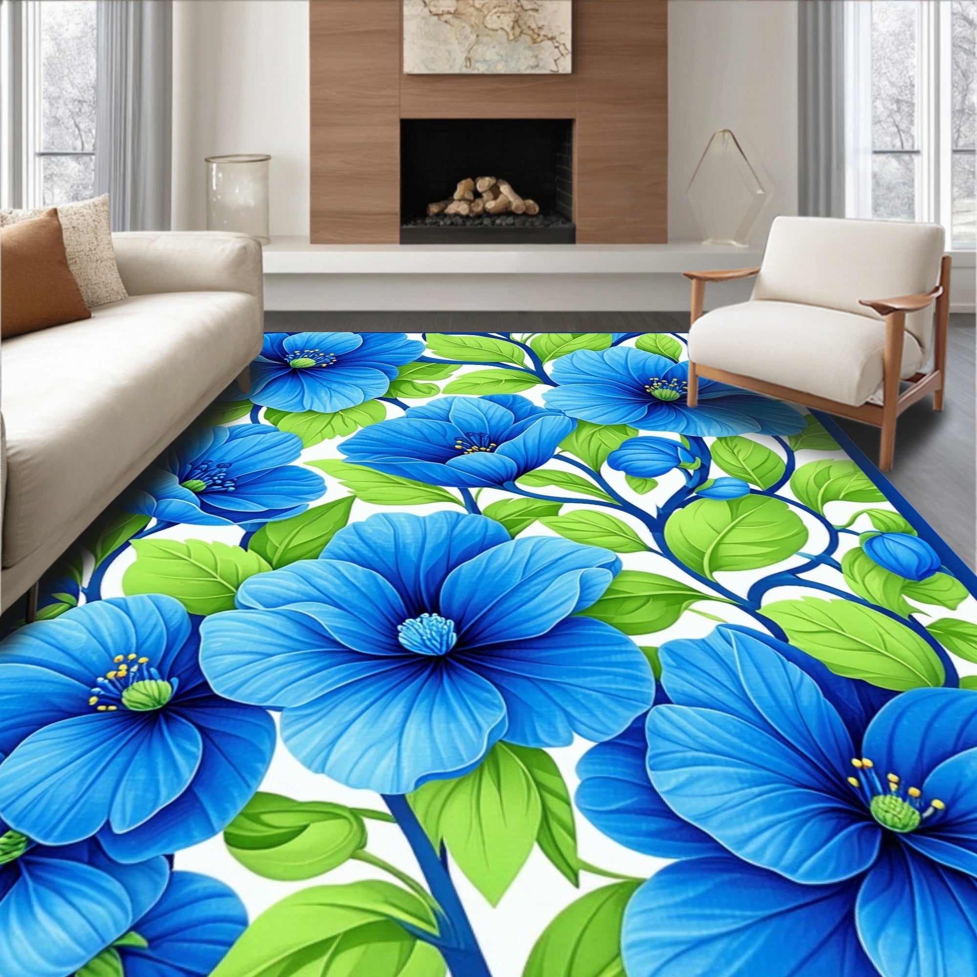 Vibrant Blue Floral Pattern Rug