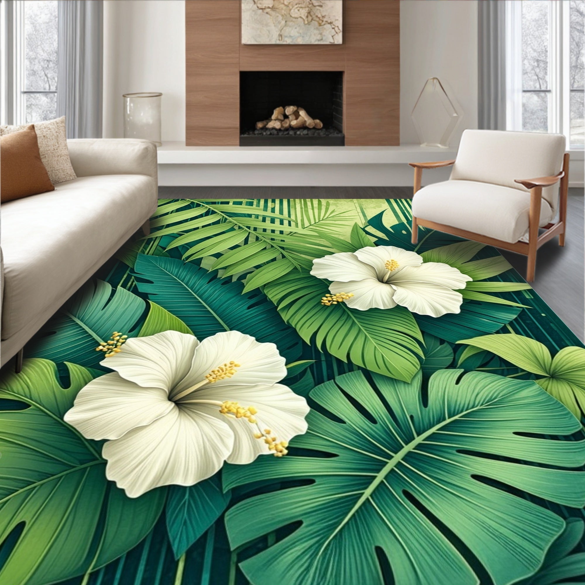 White Hibiscus Tropical Jungle Botanical Rug