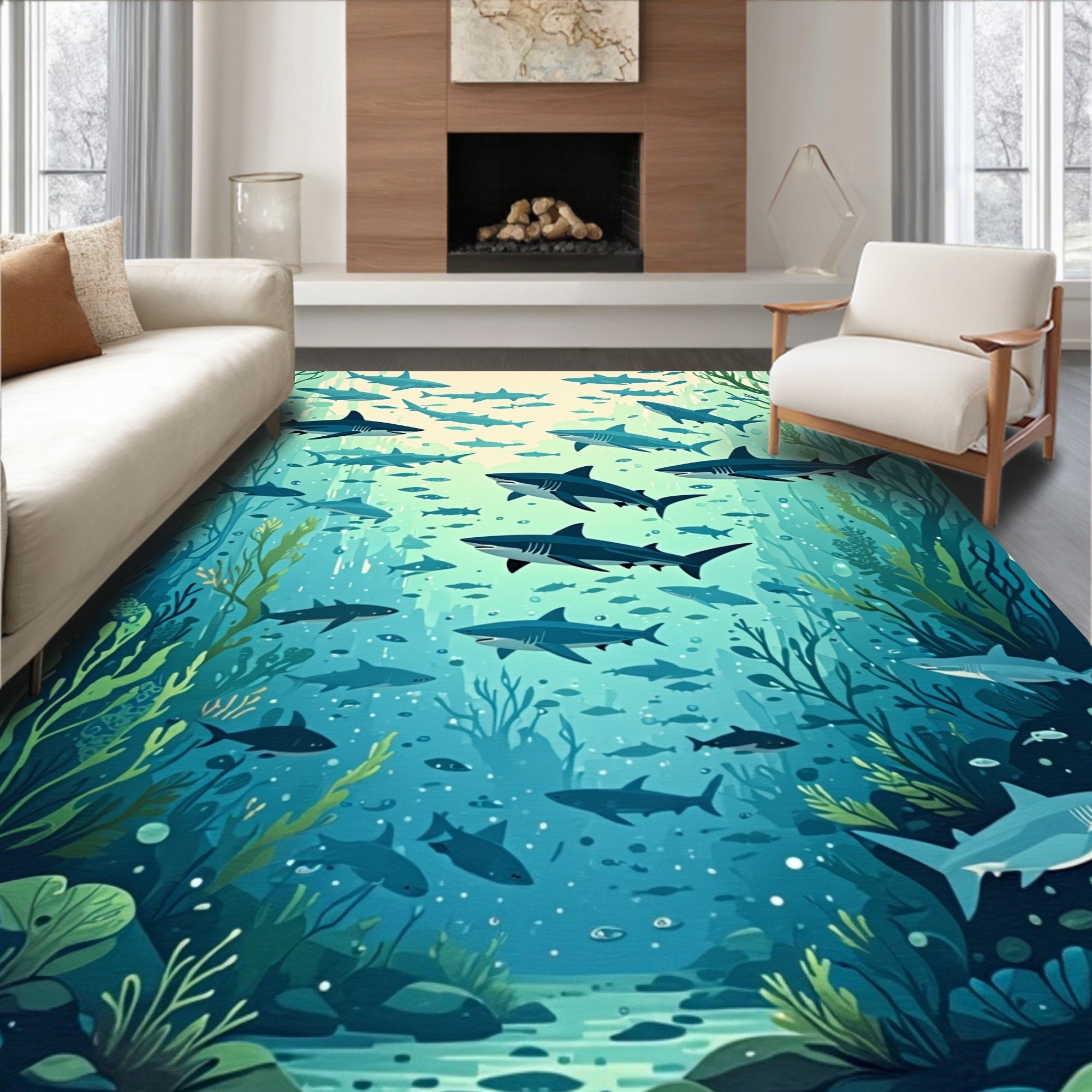 Oceanic Shark School Aquatic Pattern Rug