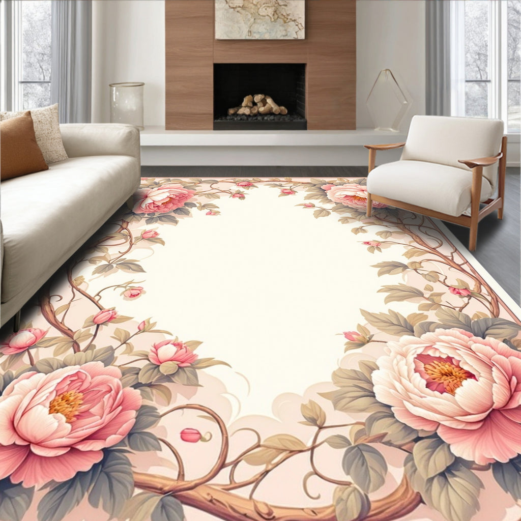 Soft Pink Peony Floral Vines Rug