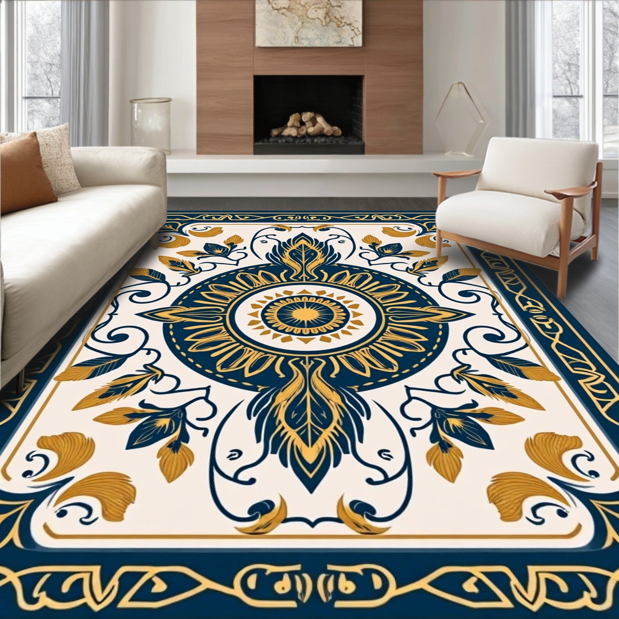 Dark Blue Floral Sun Ornate Rug