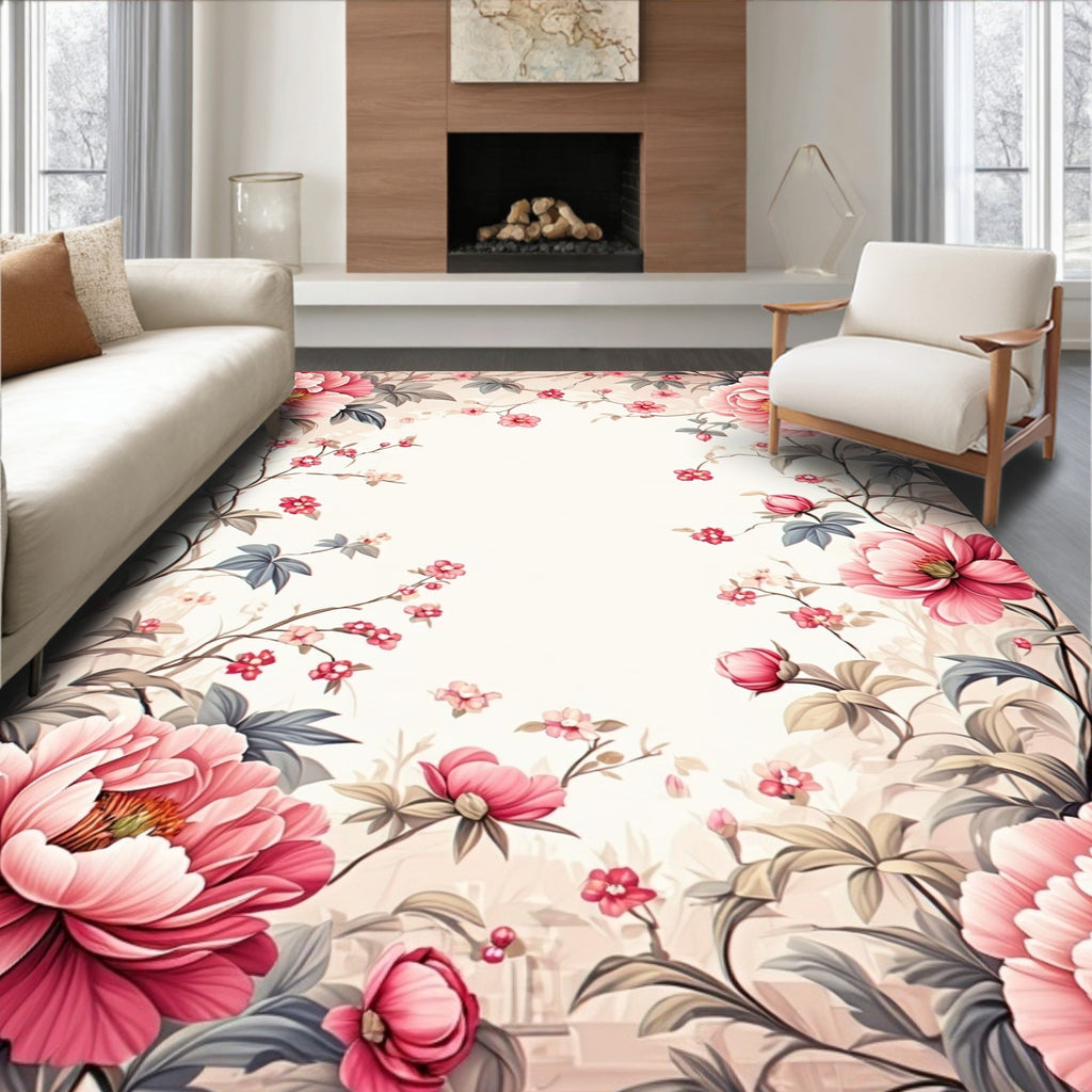 Whimsical Pink Floral Garden Rug