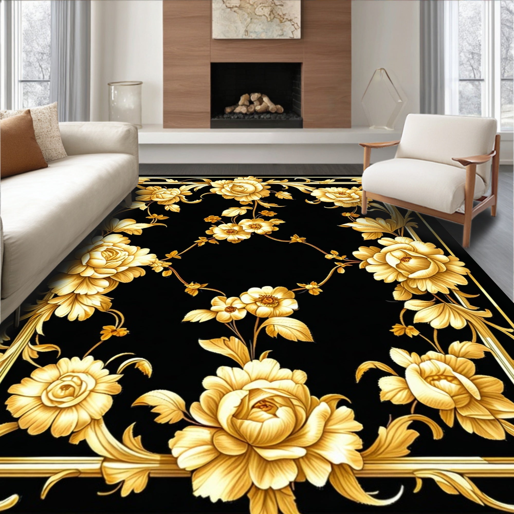 Ornate Gold Floral Scroll Pattern Rug
