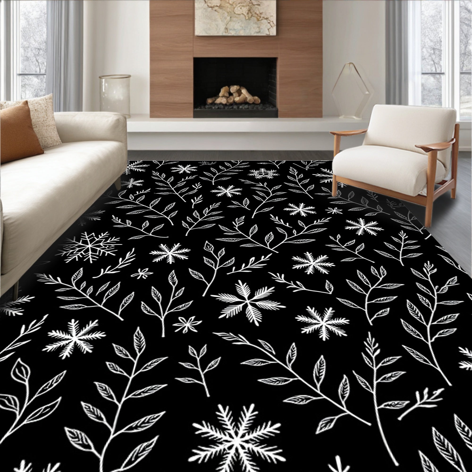White Snowflake Branch Silhouette Rug