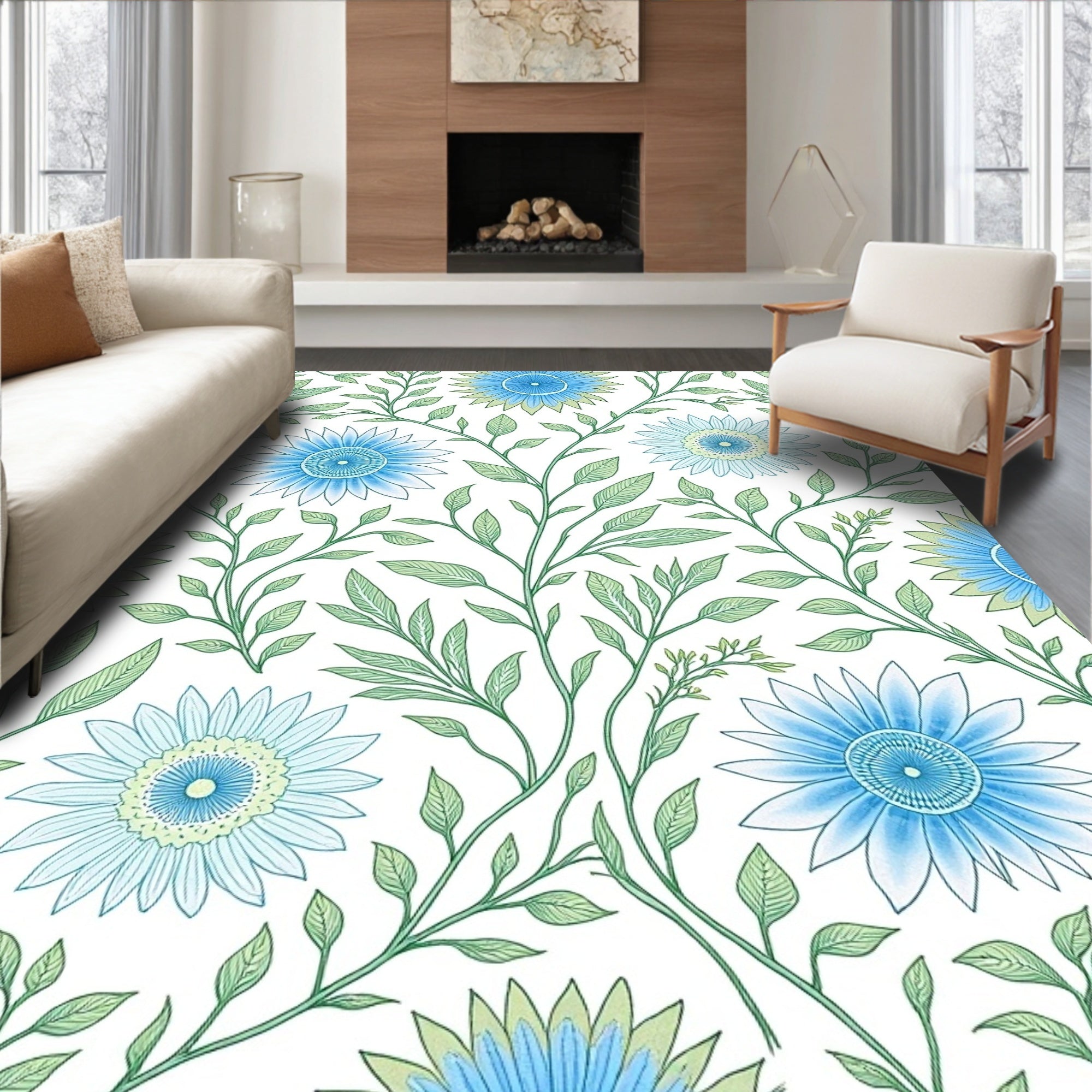 Blue Daisy and Leaf Pattern Rug