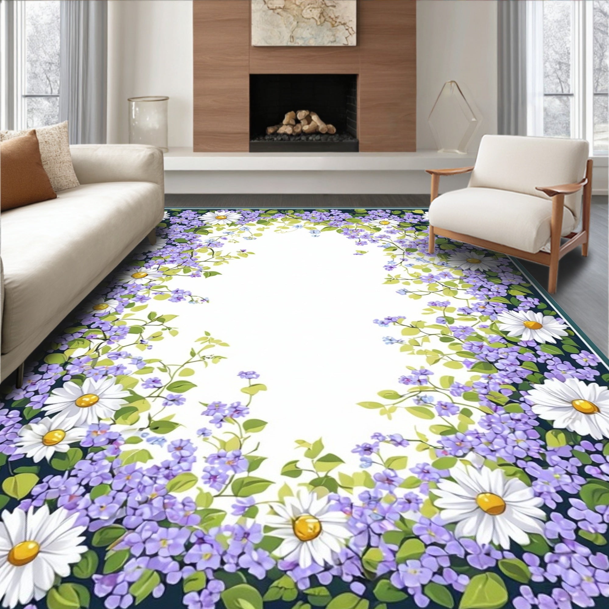 Whimsical Daisy And Forget-Me-Not Floral Pattern Rug