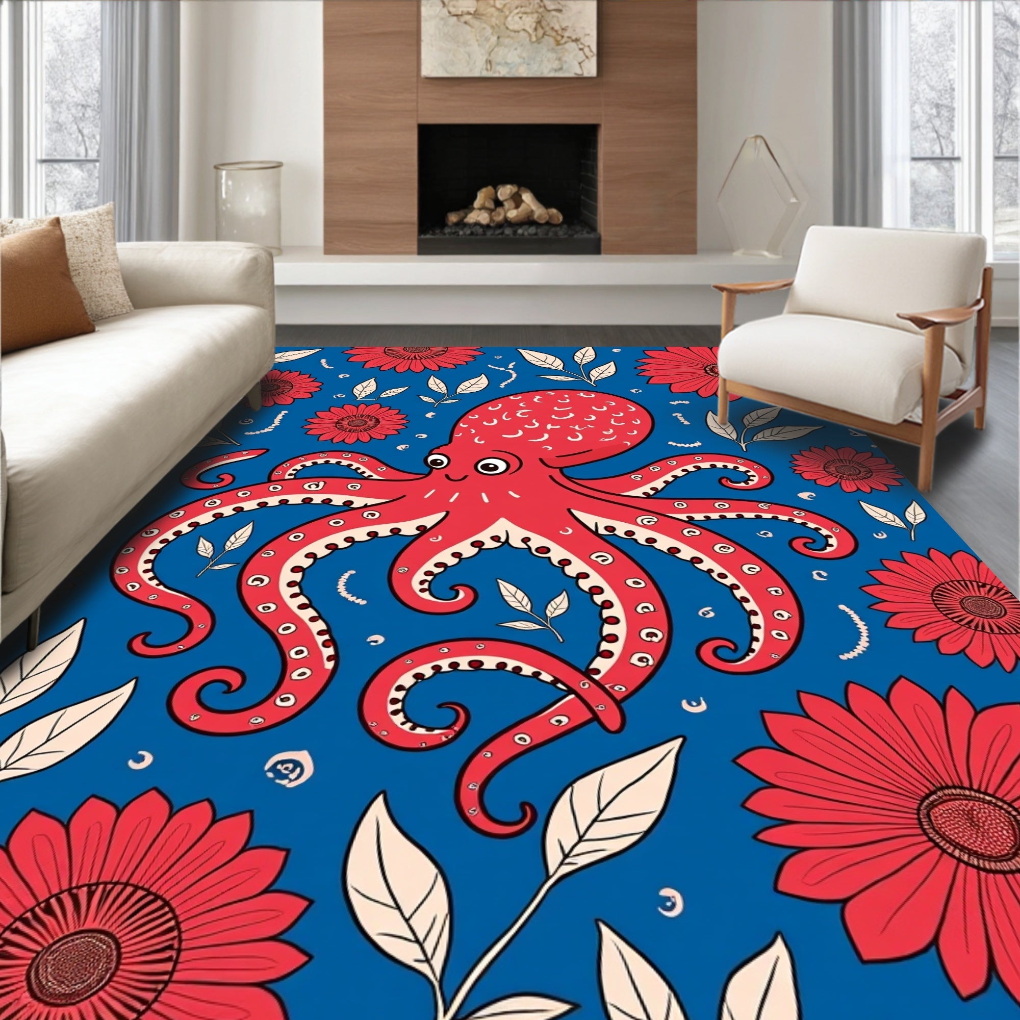 Whimsical Red Octopus Floral Pattern Rug