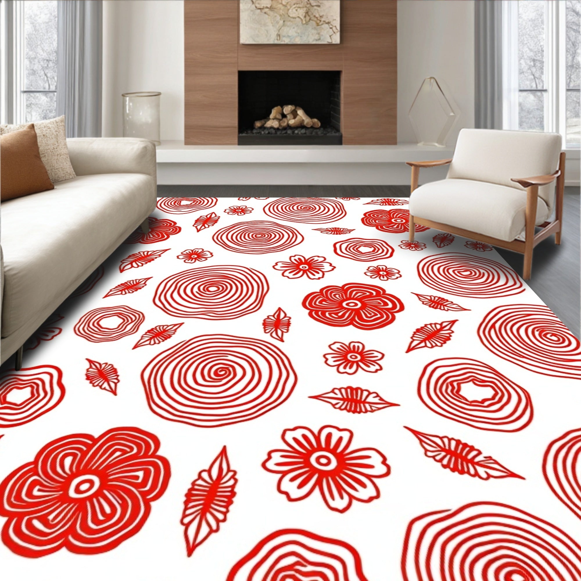 Red Floral Abstract Pattern Rug