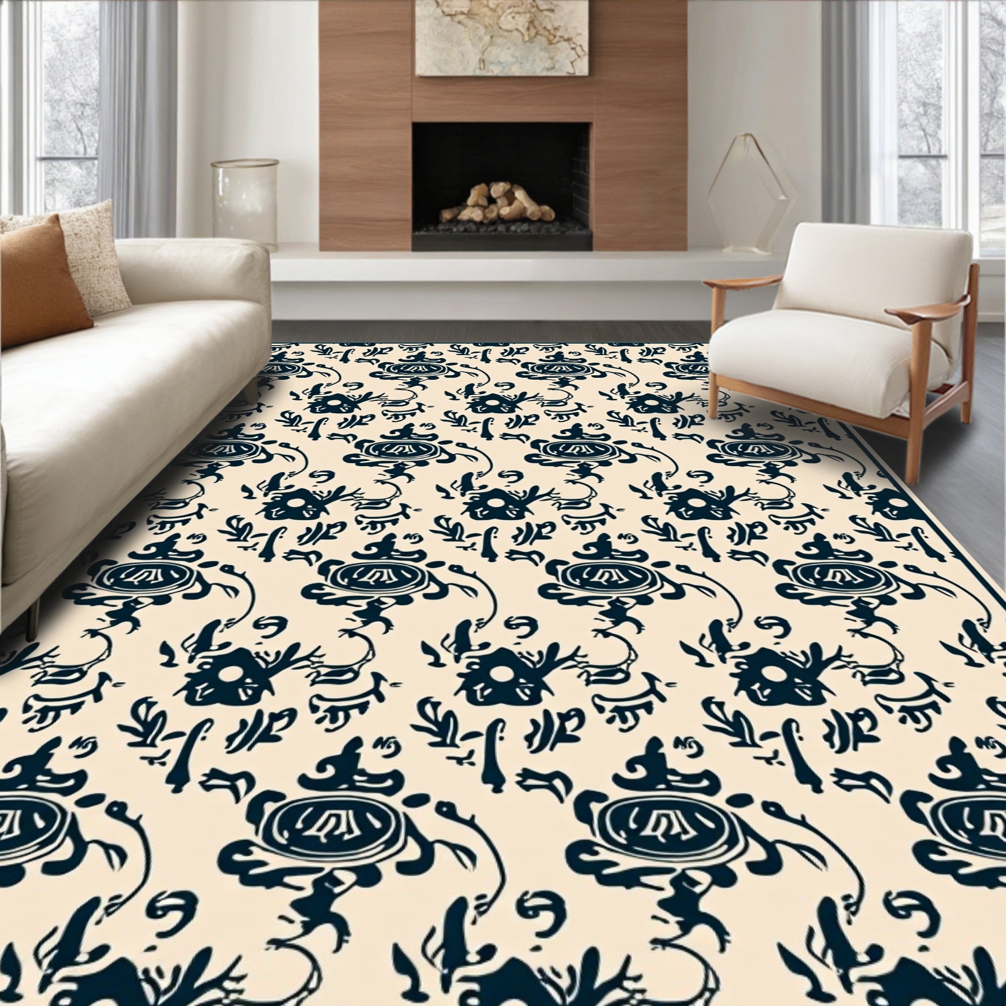 Dark Blue Vintage Floral Pattern Rug