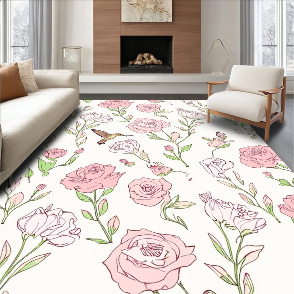 Floral Hummingbird Sketchy Pink Rose Pattern Rug