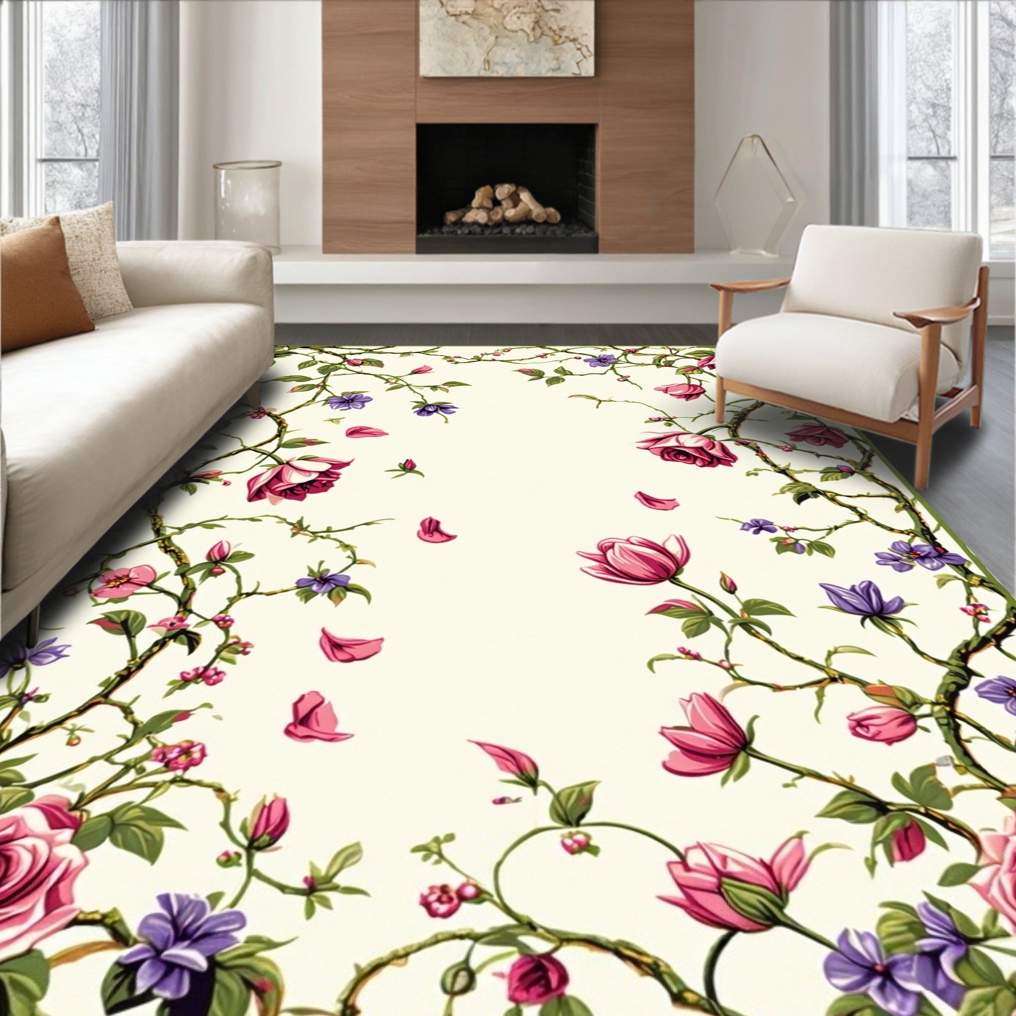 Vines With Pink Roses And Purple Blooms Rug