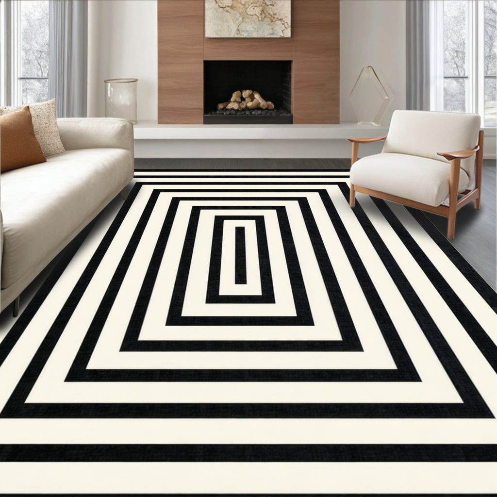 Black White Concentric Rectangle Rug
