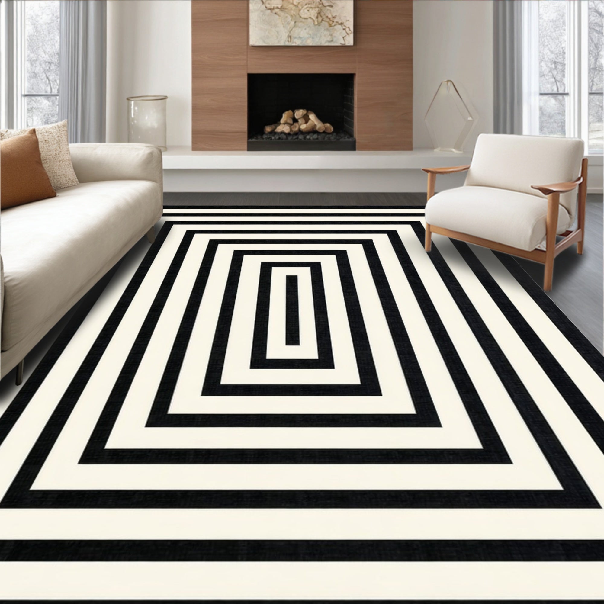 Black White Concentric Rectangle Rug