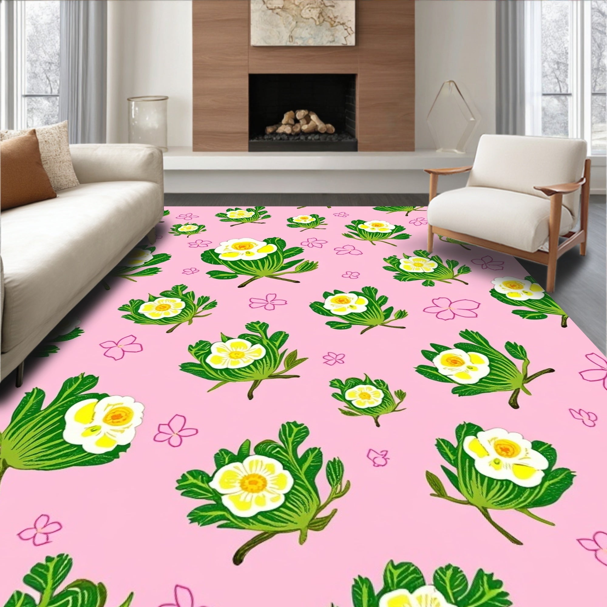 Pink Floral Pattern with White Flowers Rug