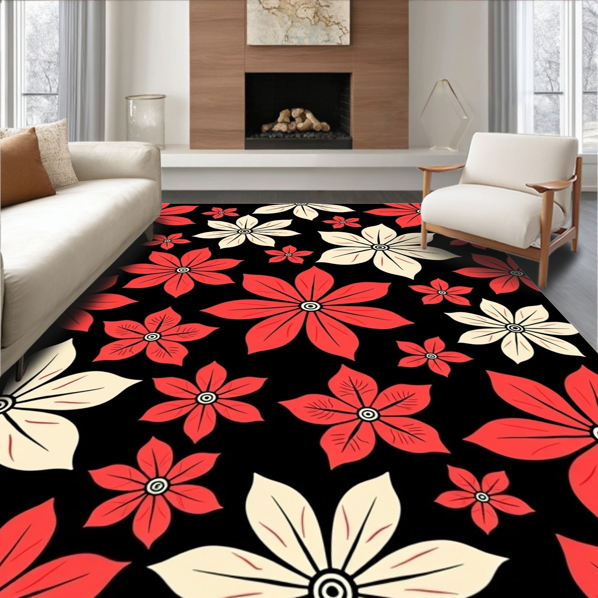 Bold Red Cream Floral Explosion Rug