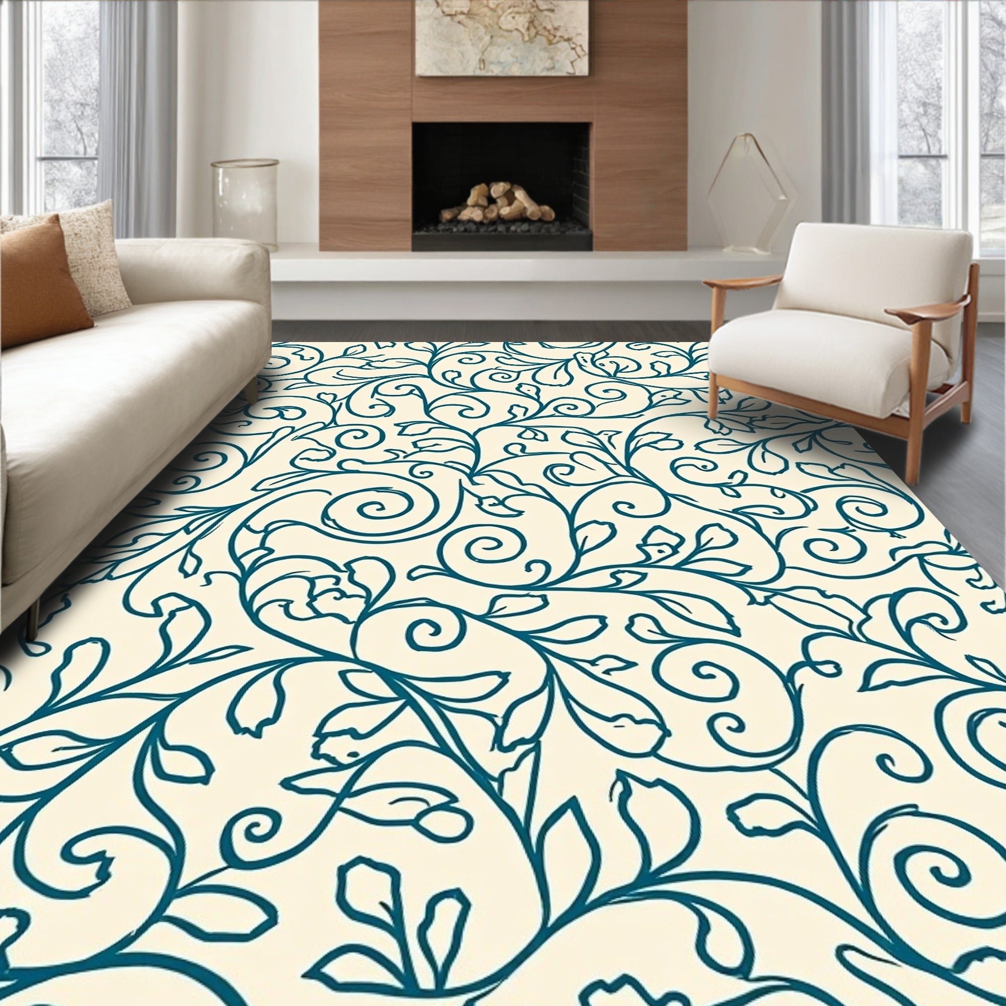 Teal Vine Swirl Pattern Rug