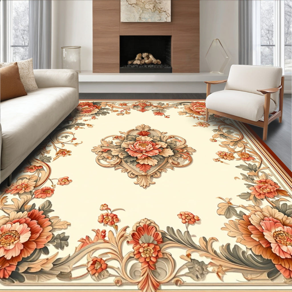 Ornate Coral Floral Scrollwork Rug